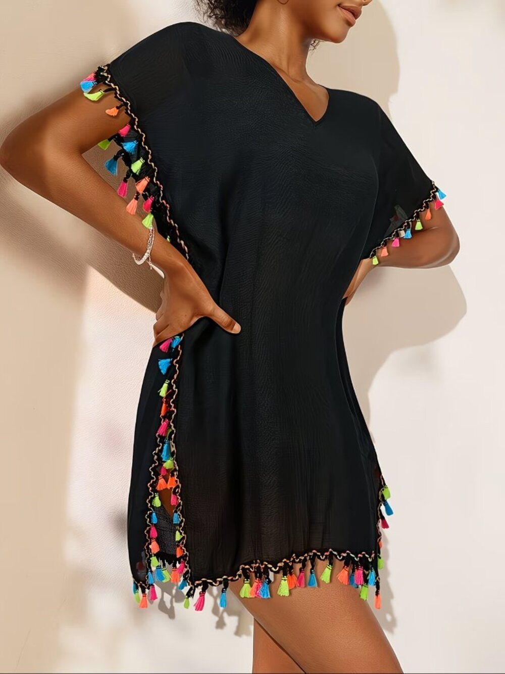 2 for 1! Women's Fashionable Loose Fitting Black Tassel Beach Dress